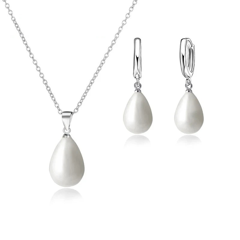 925 Sterling Silver Color Pearl Pendant Necklace Loop Hoop Earrings White Teardrop Women Girls Wedding Party Nice Gifts