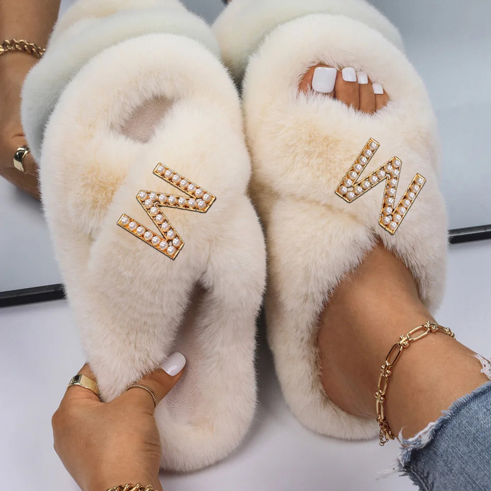 Women Furry Fur Slippers Soft Faux Fur Slides Ladies Plush House Slippers Cross Strap Open Toe Flat Sandals Fluffy Warm Shoes