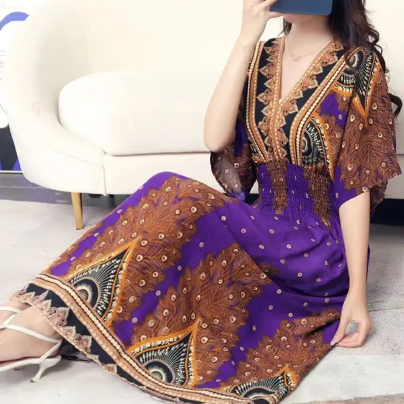 2025 Summer New Casual Elegant Retro Bohemian Style V-neck Elastic Waist Large Swing Printed Long Skirt Autumn Summer Dress