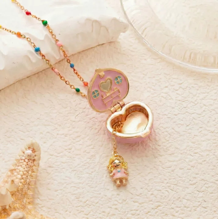 Fairy Tale Gingerbread House Necklace Open and Close Pendant Necklace Women Girls Enamel House Girl Necklace Jewelry Accessory