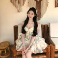 Summer French Coquette Floral Print Mini Dress Women Slim Fit Corset Spaghetti Strap Ruched Flared Hem Party Clubwear Outfit