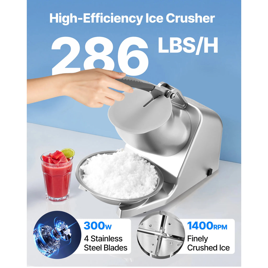 SucceBuy Ice Crusher Machine Stainless Steel Shaved Ice Machine with Bowl and Cover Ice-Shaver for Home and CommercialUse Silver