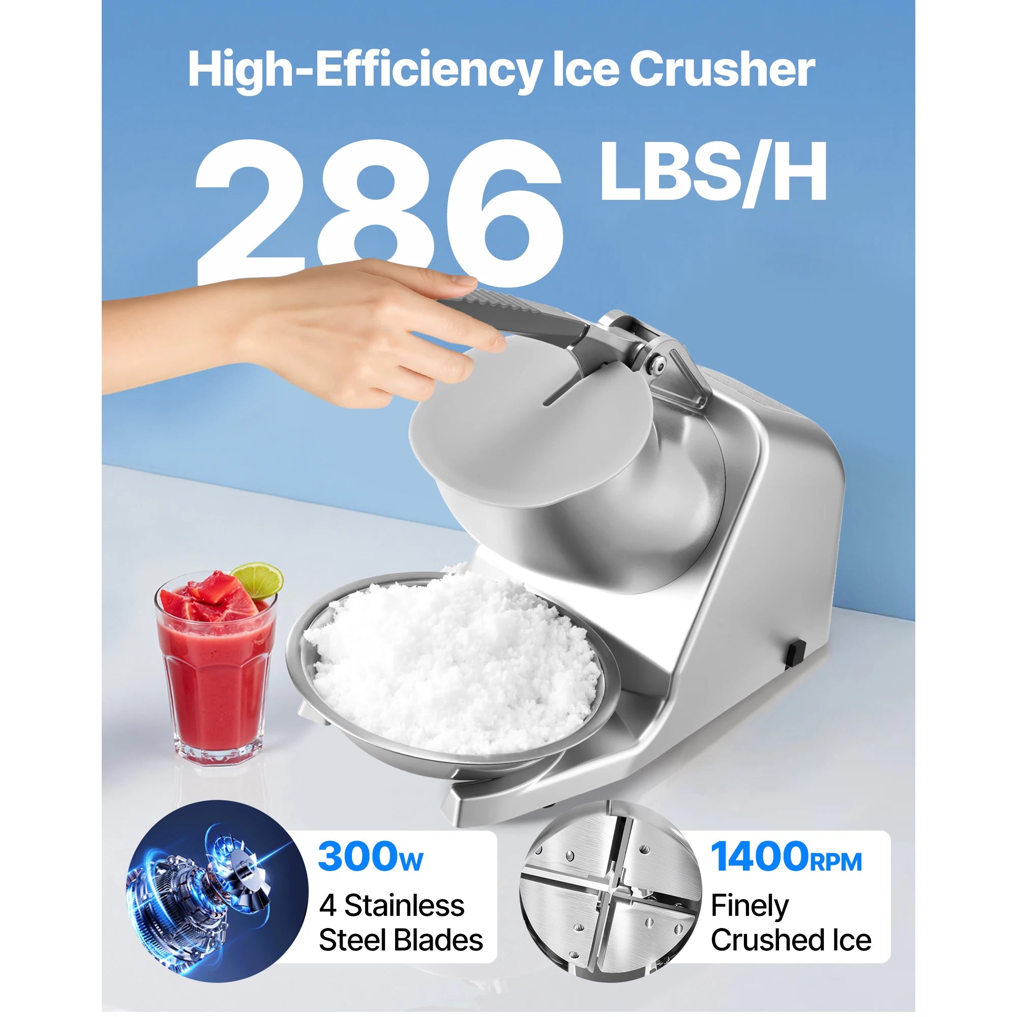 SucceBuy Ice Crusher Machine Stainless Steel Shaved Ice Machine with Bowl and Cover Ice-Shaver for Home and CommercialUse Silver
