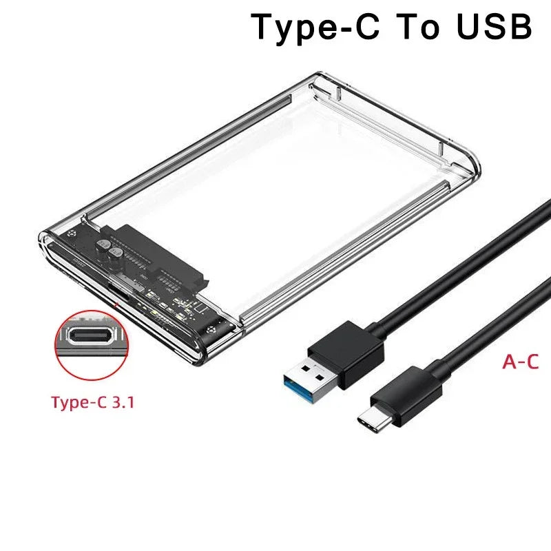 Transparent 2.5 Inch HDD Enclosure SATA to USB 2.0 Type-C SSD Case Portable External Hard Drive Box Tool-Free