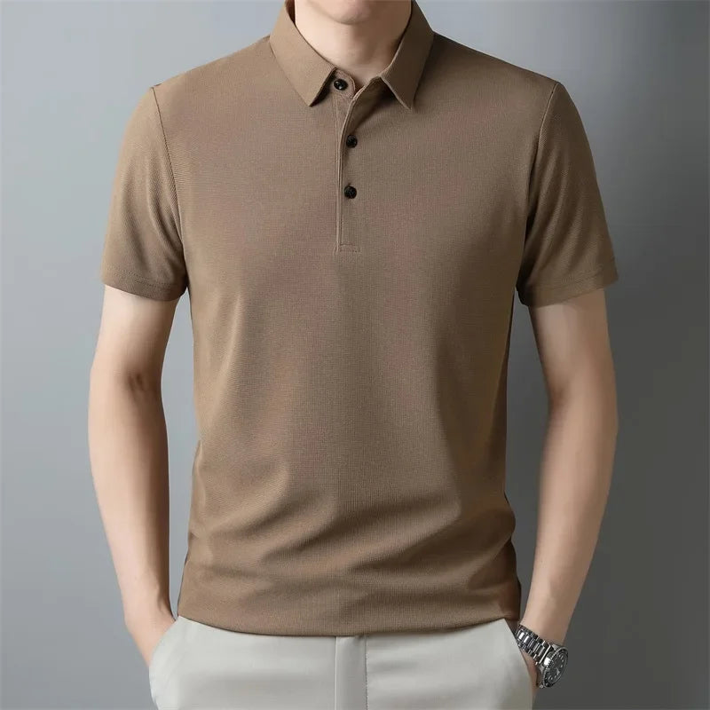 New Men's Casual Waffle Short Sleeve Polo Shirt Fashion Solid Color Top
