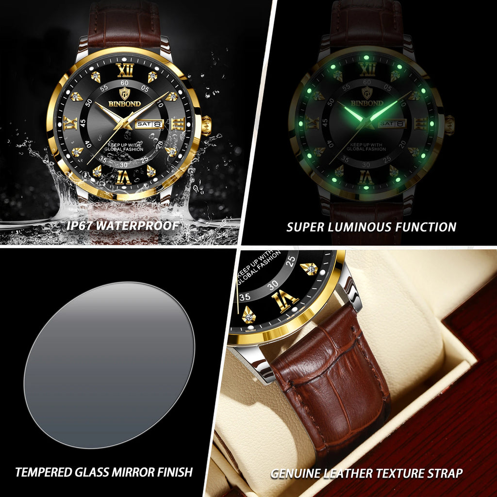 BINBOND quartz watches for men luxury sturdy luminous waterproof auto date week display accurate men's watch business reloj