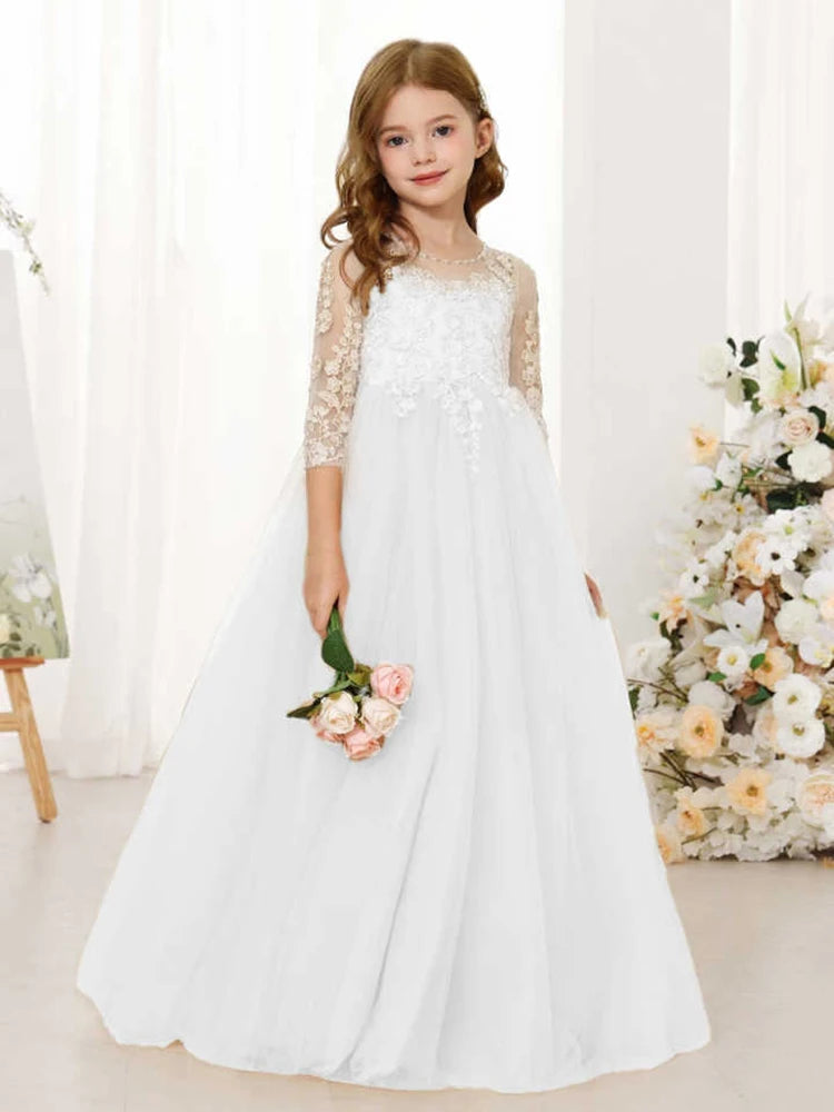 Lace Floral Appliques Flower Girl Dress 3/4 Sleeve Girls Pageant Tulle Ball Gown