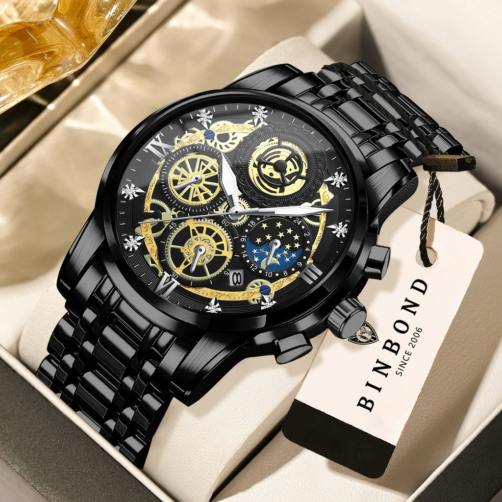 BINBOND Vintage Quartz Watches for Men Luxury Luminous Sturdy Stainless Steel Reloj Waterproof Auto Date Accurate Men's Watch