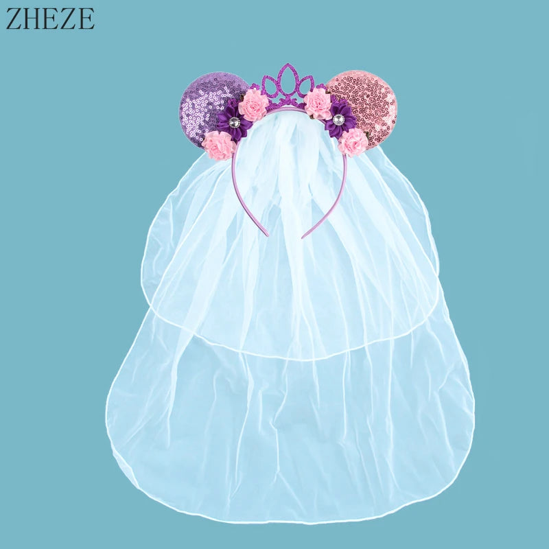 White Day Mouse Ears Headband With Veil Sequins 5"Bow Headwear For Women Festival Hairband Single Party DIY Hair Accessories