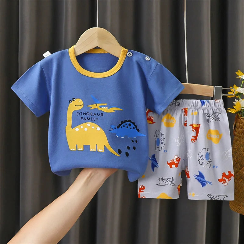 1-6 Y Kids Cartoon Excavator Striped T-Shirt+Shorts 2-Piece Set Cotton Pajama Baby Boys Girls Summer Casual Tracksuit Clothes Su