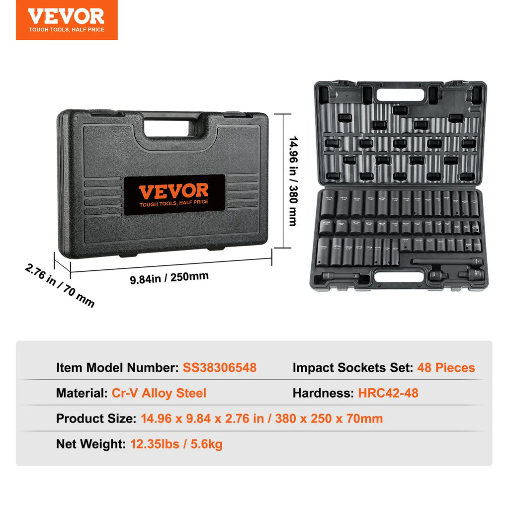SucceBuy 1/2" 3/8" Drive Impact Socket Set 23/33/34/48/65 PCs Deep Socket Set SAE Metric Cr-V Cr-Mo Alloy Steel for Auto Repair