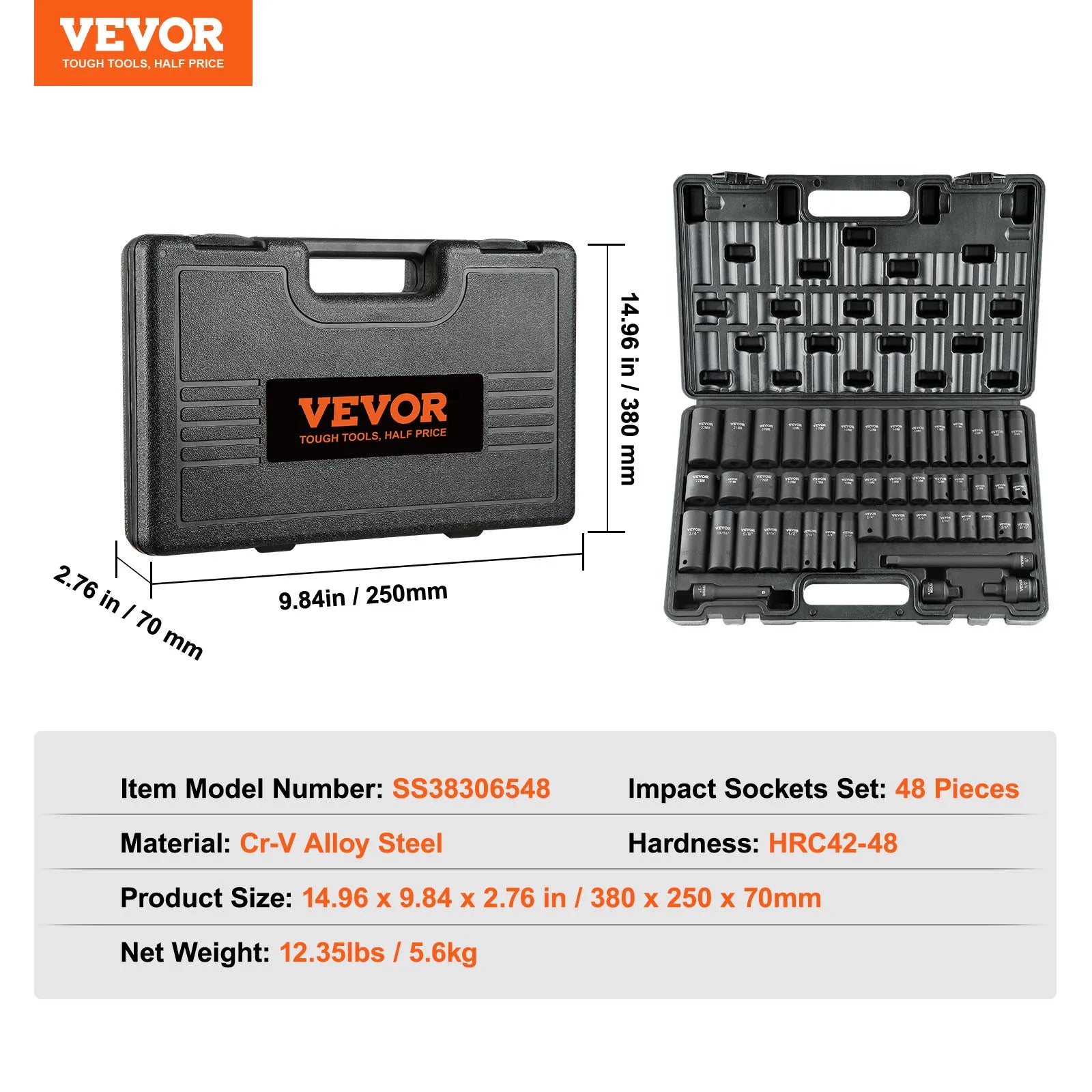 SucceBuy 1/2" 3/8" Drive Impact Socket Set 23/33/34/48/65 PCs Deep Socket Set SAE Metric Cr-V Cr-Mo Alloy Steel for Auto Repair