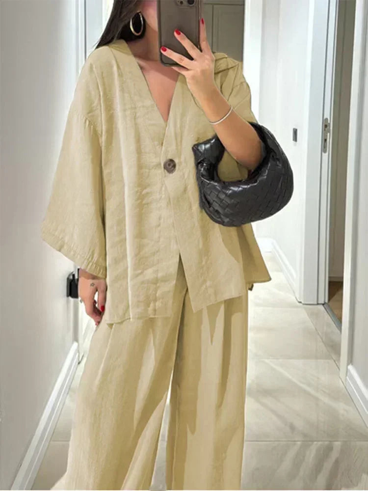 Cozy Cotton Linen Women's 2 Piece Set Casual V Neck Single Button Shirt Wide Leg Pants Suit Lady Summer Commute Streetwear 2025