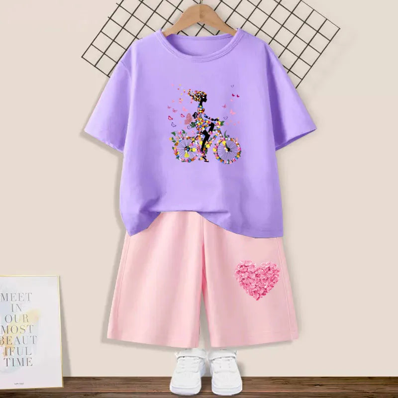 2024 Summer Girls Cotton Clothing Sets Kids Cute Cartoon Butterfly High Heel T-shirt +Shorts 2Pce Suits Childrens Tracksuits