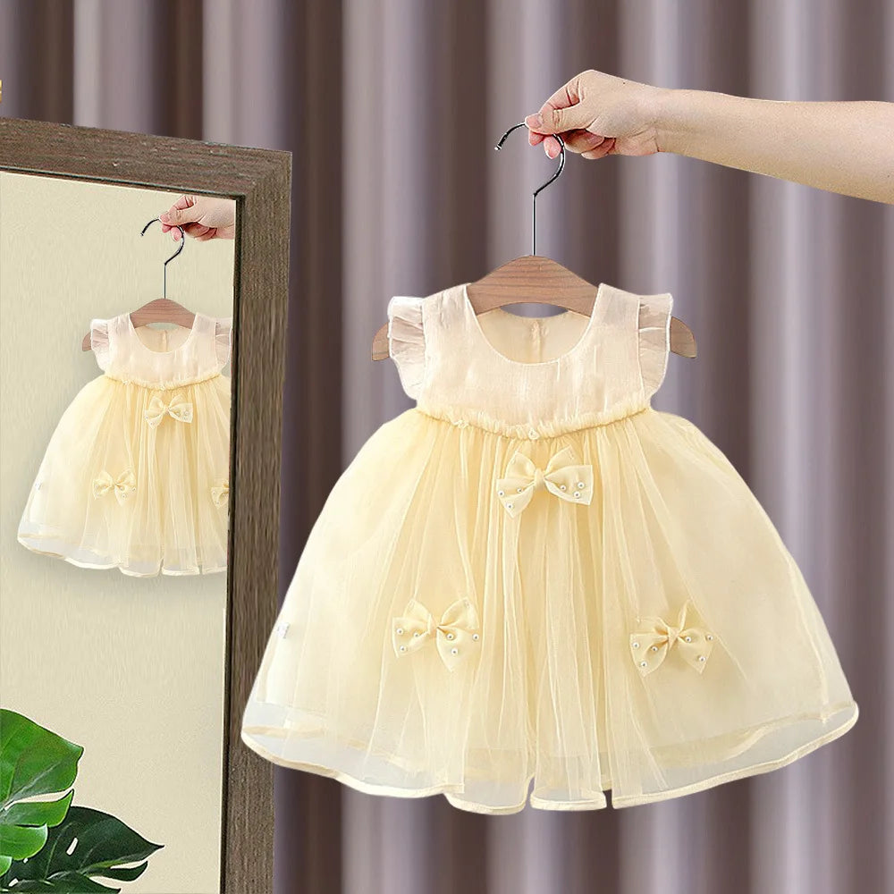 Children's clothing, girls' dress, summer new style, children's evening cloud yarn, flying sleeve princess dress, baby bow dress