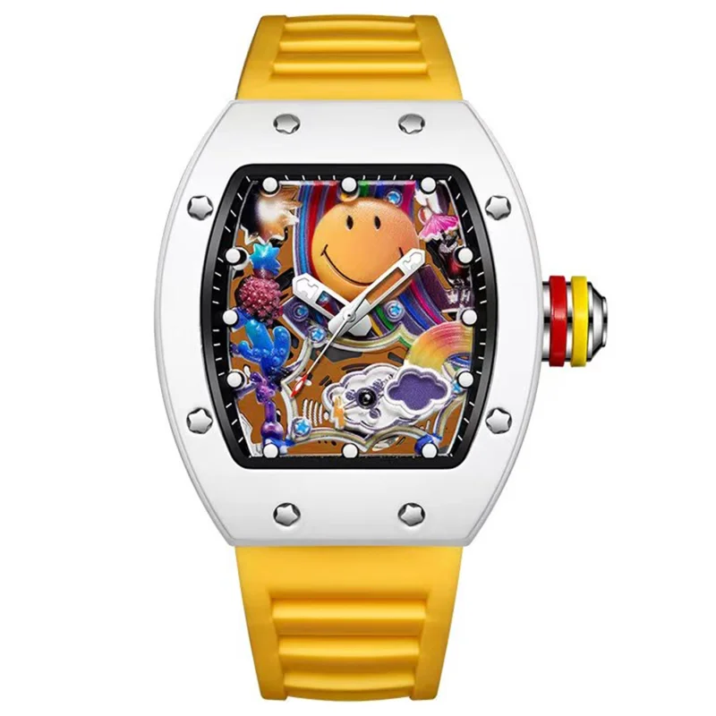 1 piece cute smiling face colorful pattern yellow strap square watch fashion personality trendy daily wear wristwatch