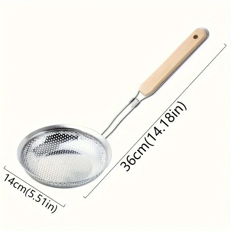 Stainless Steel Colander with Wooden Handle - Fine Mesh Skimmer Spoon for Cooking, Food Prep  Grease Filtering for Pasta Noodles