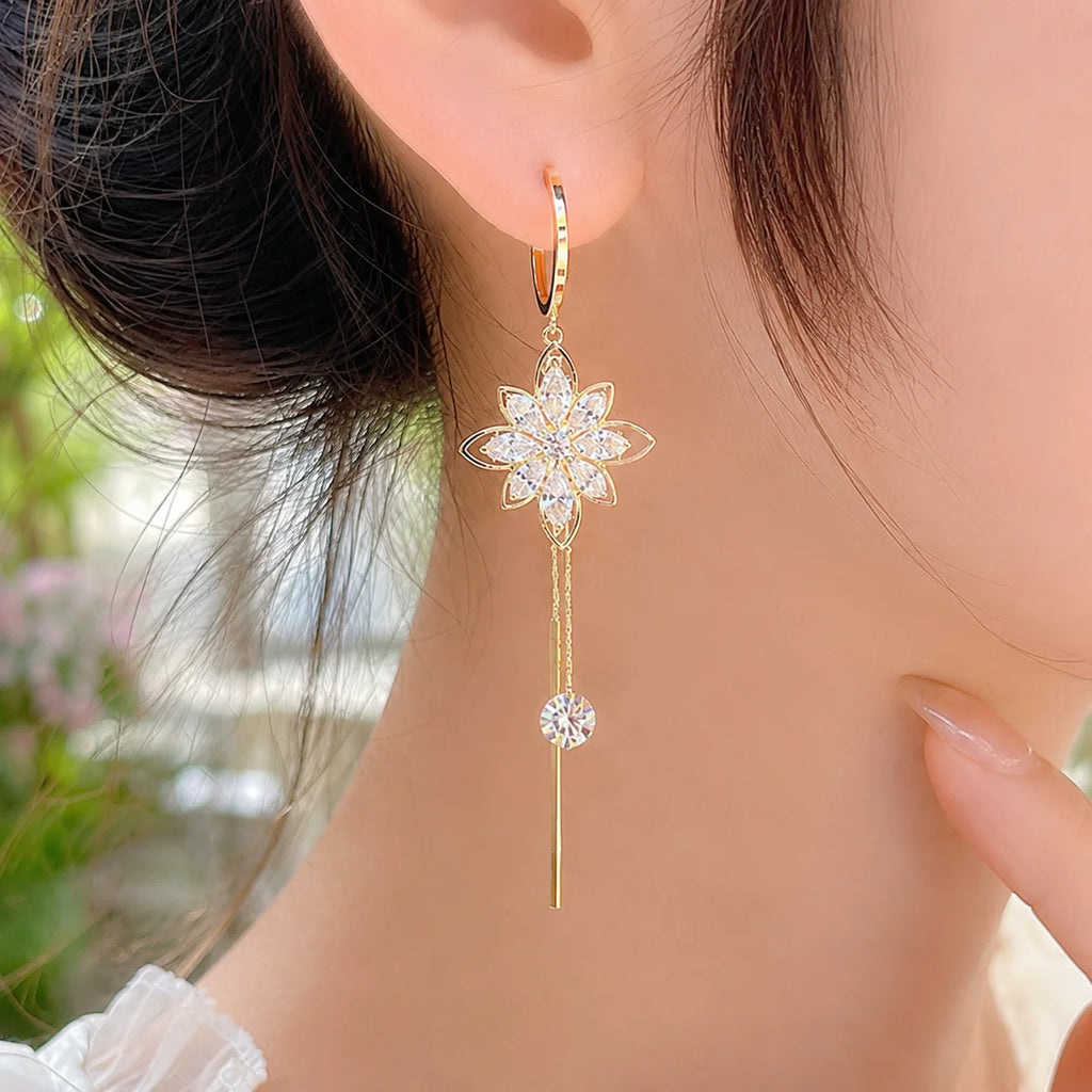 Luxury Crystal Flower Tassel Drop Earrings for Women Shiny Zircon Opal Long Dangle Earrings Girls Party Wedding Jewelry Gift