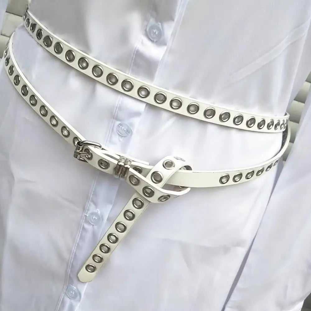 Rivet Eyelet DIY Wear PU Leather Waist Belt Double Circle Waist Chain Knotted Extra Long Thin Waistband Double Layer Hole Belt