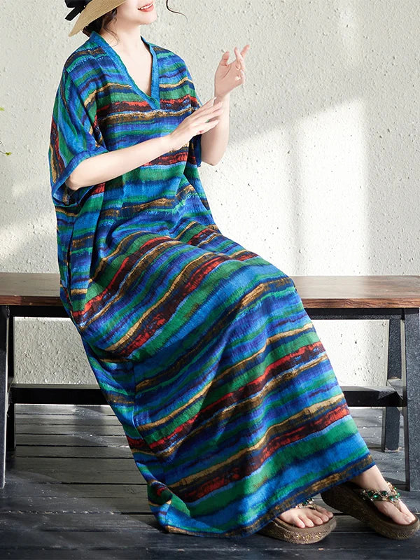 V-Neck Loose Cotton Linen Beach Skirt Summer Casual Long Dress Cover up Retro Style Holiday Fashion plus Size Women's Dress