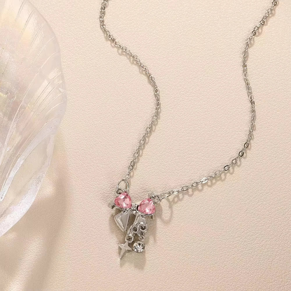 Sweet Pink Bow Necklace Ladies Fashion Sparkling Rhinestone Star Shape Pendant Clavicle Chain Delicate Wedding Accesories C