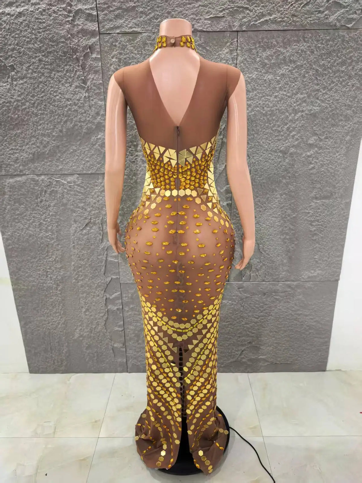 Shinning Golden Mirrors Women Sleeveless Sexy Hollow Out Waist Bodycon Long Dress Celebrate Birthday Performance Costume