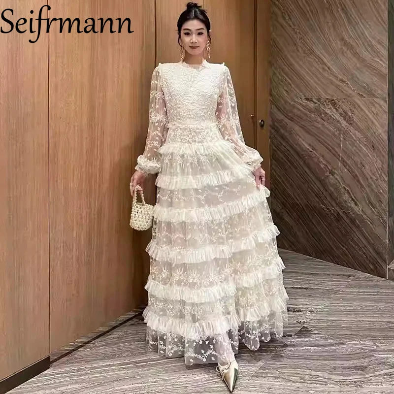 Seifrmann 2026 Spring Women's New Fashionable Round Neck Long Sleeve Mesh Embroidered Waist cinching Long Dress