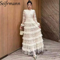 Seifrmann 2026 Spring Women's New Fashionable Round Neck Long Sleeve Mesh Embroidered Waist cinching Long Dress