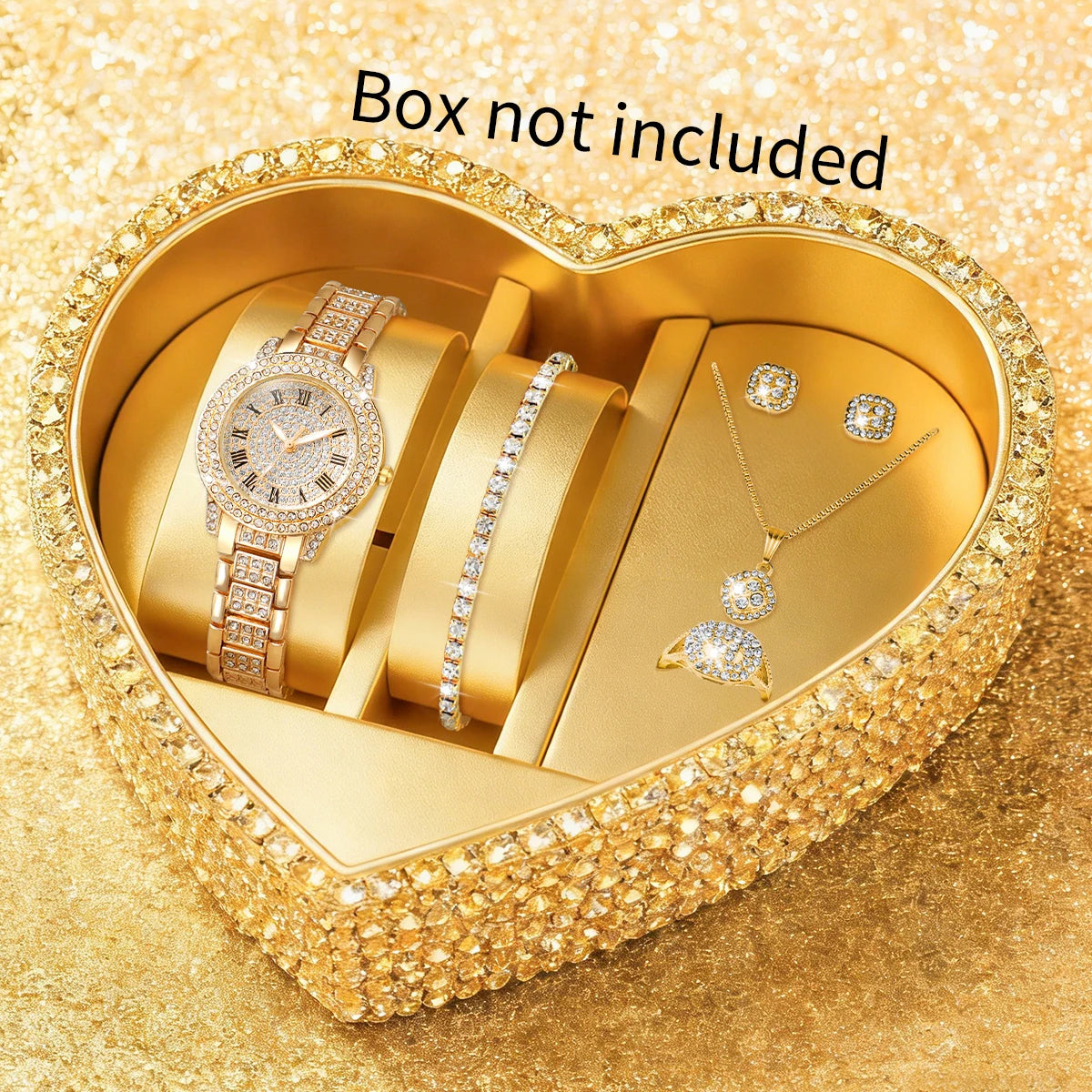 6PCS Elegant Rhinestone Roma Dial Women Watches Jewelry Set Ladies Alloy Strap Watch Reloj Mujer Girls Clock Gift (Without Box)