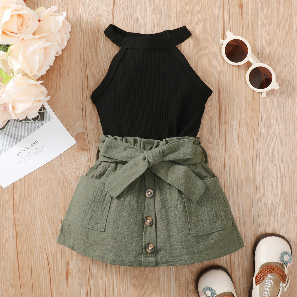 2Pcs Baby Girl Sleeveless Black Top Lace Up Bow ButtoShort Skirt Summer Party Fashion Set Suitable for Baby Girl 0-24 Months