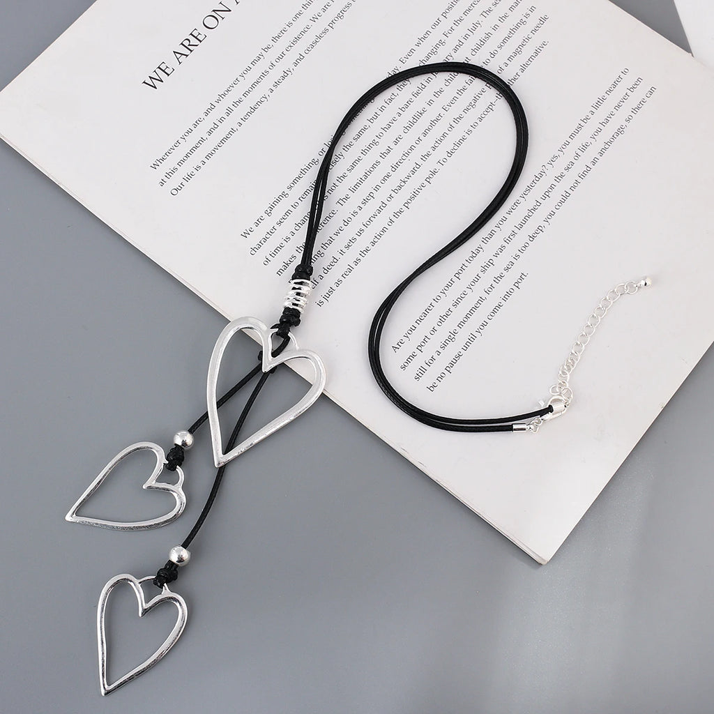 Amorcome Big Silver Color Heart Pendant Long Leather Necklace Boho Women Statement Ethnic Jewelry Lariat Necklace Mujer Collares