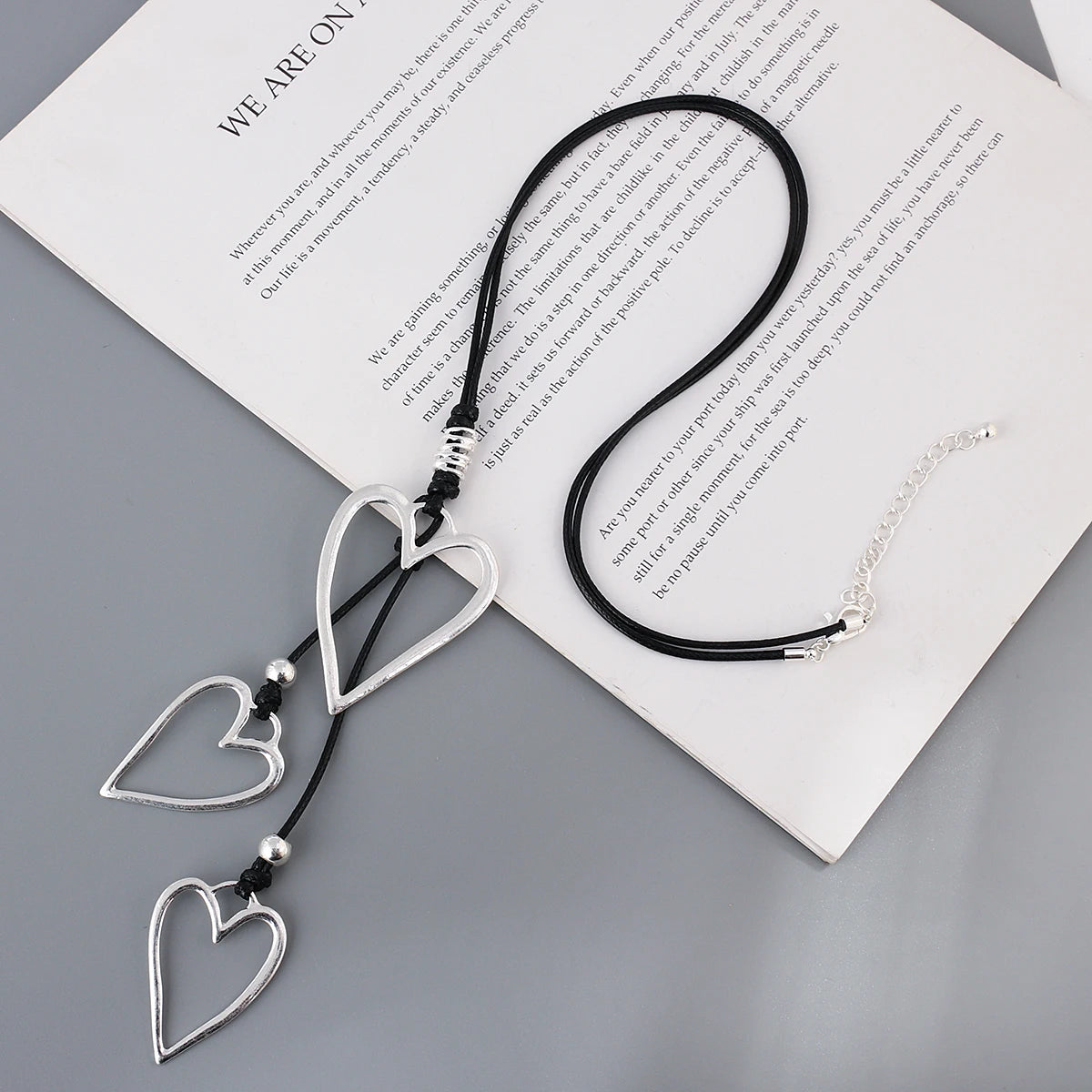 Amorcome Big Silver Color Heart Pendant Long Leather Necklace Boho Women Statement Ethnic Jewelry Lariat Necklace Mujer Collares