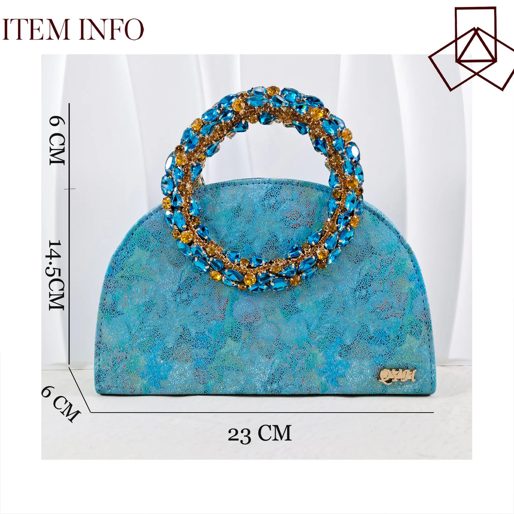 Shimmery Glitter Slingback Women High Heels Sky Blue Shoes and Matching Bag Set Rhinestone Wedding Party Banquet Events
