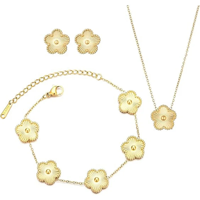 3Pcs Stainless Steel 316L Luxury Plum Blossom Plant Five Leaf Flower Necklace Earrings Bracelet for Women Gift Jewelry Sets