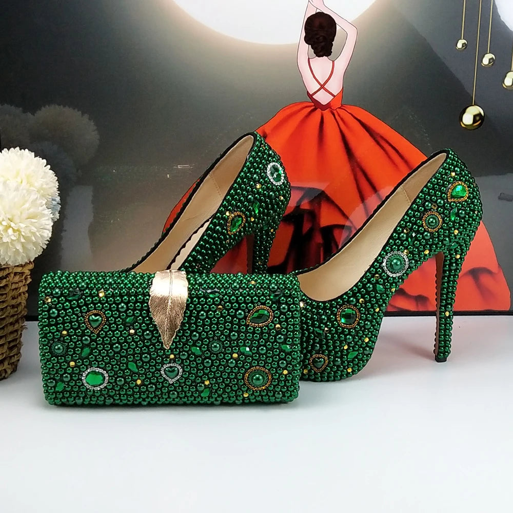 Fashion New Arrival Green Pearl Bridal Shoes and Bag Set Woman Party Dress Shoes Big Size Ankle Strap Buckle Shoes High Pumps