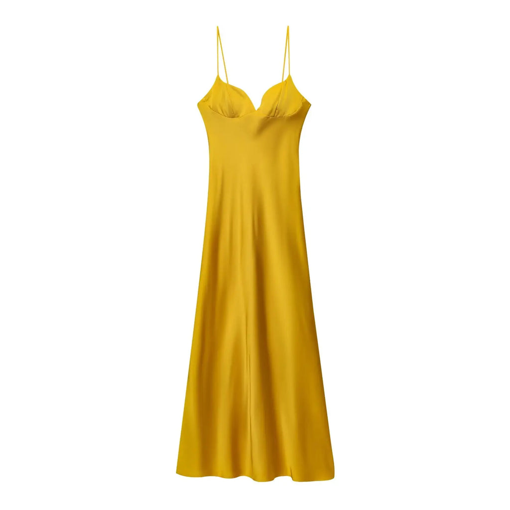 HH 2025 Women Red V-Neck Holiday Style Satin Texture Long Dress Sleeveless Summer Women's Back Zipper Fashion Sling Dresses