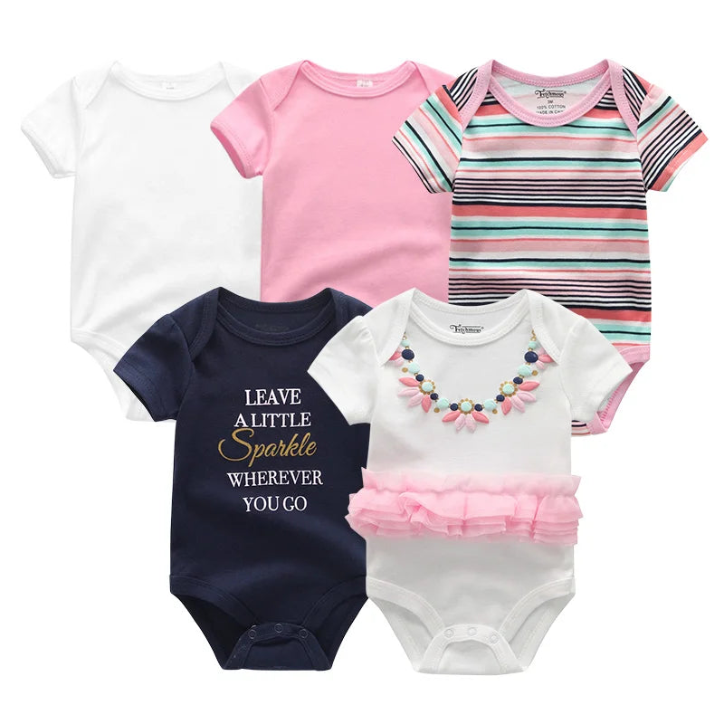 Newborn Bodysuits Unisex 5Pieces Baby Girl Clothes Solid Color Cotton Baby Boy Clothes Set Cartoon Print Summer Bebes