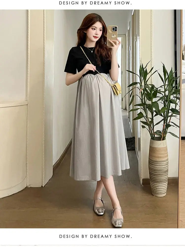 2025 French Style Pregnant Women Elegant Dress Plus Size Long Sleeve O-Neck High Waist Maternity A-Line Dress Long Loose Clothes