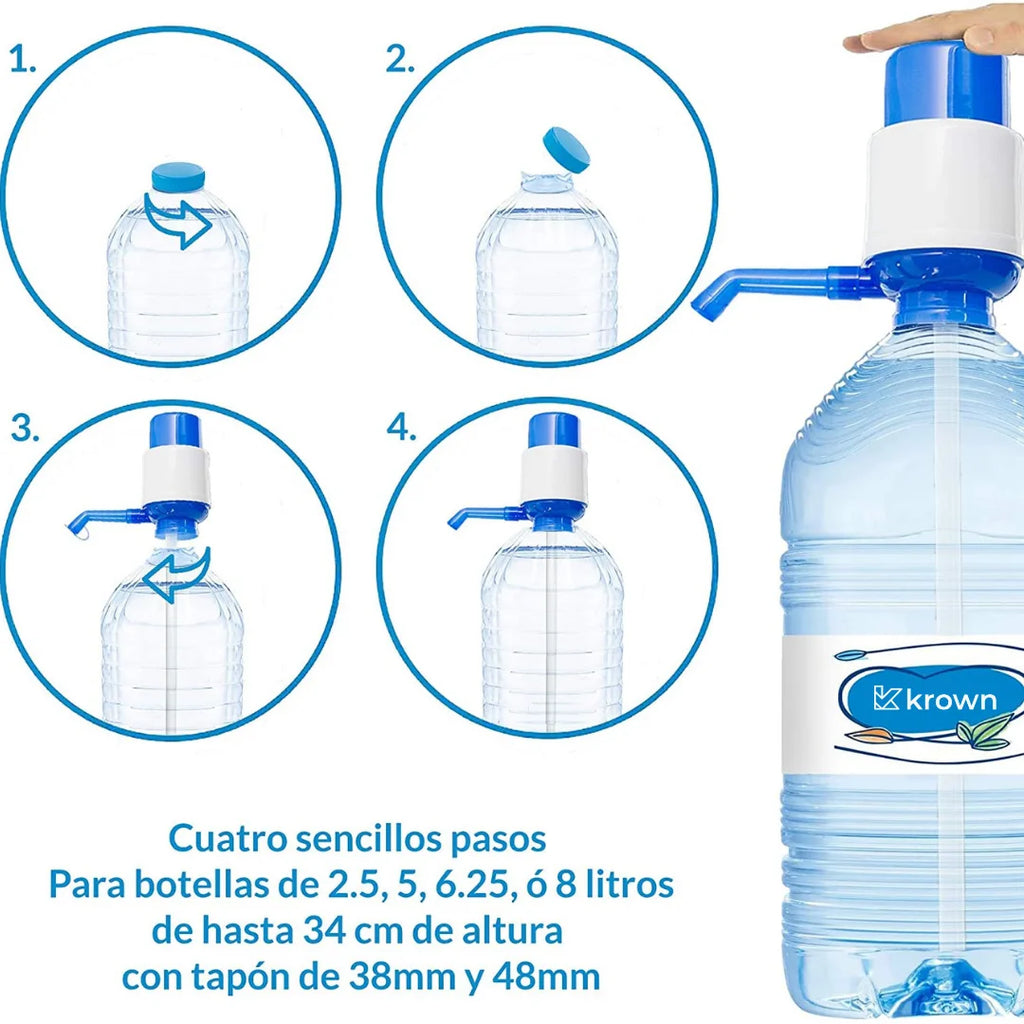 KROWN Bottle Water Dispenser, Manual Water Dispenser Pump, Water Dispenser Bottle 2 - 5 Liters Compatible Bottle, Bottle with Cap Diameter 38mm and 48mm
