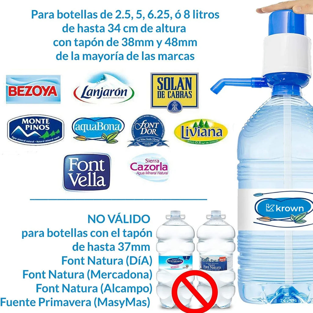 KROWN Bottle Water Dispenser, Manual Water Dispenser Pump, Water Dispenser Bottle 2 - 5 Liters Compatible Bottle, Bottle with Cap Diameter 38mm and 48mm