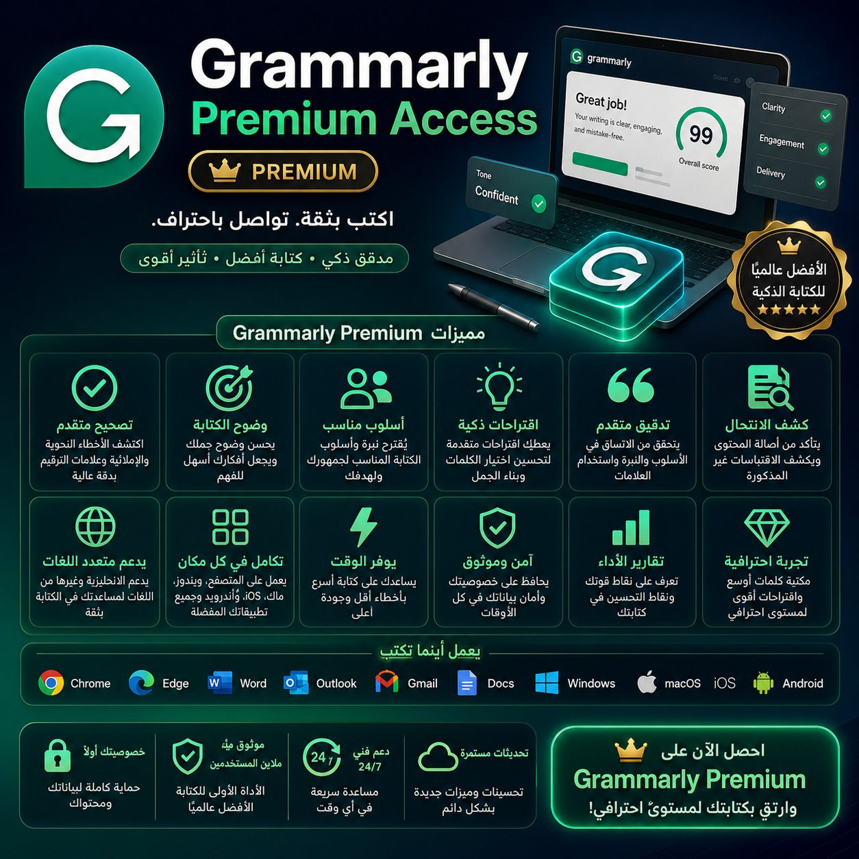 اشتراك Grammarly Premium لتصحيح الكتابة وتحسين النصوص باحترافية