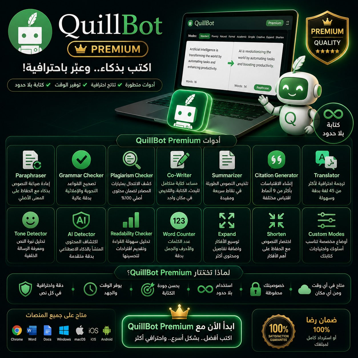 اشتراك QuillBot Premium لإعادة صياغة النصوص وتحسين الكتابة بالذكاء الاصطناعي
